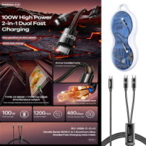 Cable Charger 2in1 100W REMAX RC-092t(TypeC to 2TypeC) - ខ្សែសាក​ មុខ2 100W REMAX RC-092t(Type-C to 2Type-C)