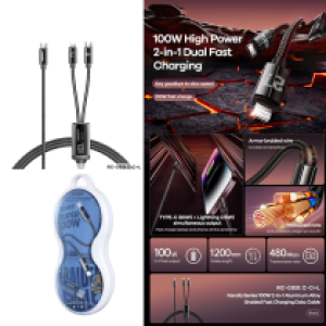 Cable Charger 2in1 100W REMAX RC-093t(TypeC to TypeC/Lightning) - ខ្សែសាក​ មុខ2 100W REMAX RC-093t(TypeC to Type-C+Lightning)