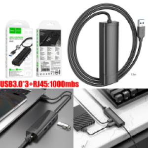 Converter USB to (USB3.0*3+RJ45 Gigabit) hoco HB42 4in1 - ដុំបំបែក ហូកូ​ HB42 (USB3.0*3+RJ45 Gigabit)(L=1.2M)