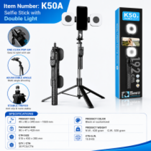 Selfie Stick Tripod Bluetooth Remote K50+ 2LED Flash 1.92m - ជើងត្រៃផត ដងថតប្លូធូសតេឡេ P170S ភ្លើងផ្លាស់2 1.92 ម៉ែត