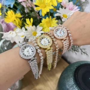 Watch Women Golden Bling WSN03+Bracelets - នាឡិការដៃស្រី ទឹកមាសមានត្បូង WSN03 មានខ្សែដៃ