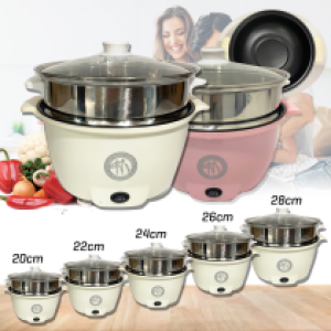 Electric hot pot with steamer 2horse 22cm non-stick - ឆ្នាំងស៊ុបអគ្គិសនី 22cm nternational បាតខ្មៅ សេះក្បាល២