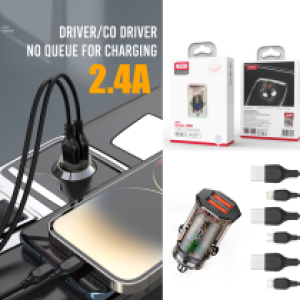 Power Car Charger XO CC49 transparent 2.4A set TypeC - ឆ្នាំងសាកក្នុងឡាន អ៊ិចអូ XO CC49 2.4A ថ្លា ឈុត Type-C
