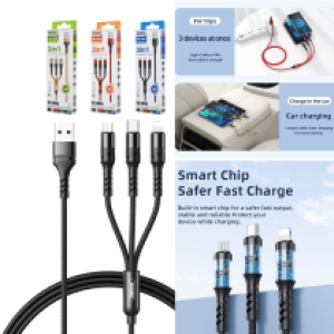 Cable Charger 3in1 REMAX RC-186th 2.1A(iP+Micro+Type-C) - ខ្សែសាក 3មុខ REMAX RC-186th 2.1A(Micro+iPhone+Type C)